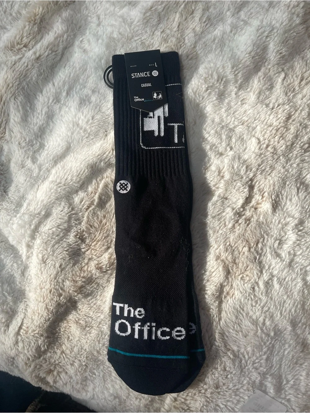 Stance The Office Black Crew Socks with White Logo and Teal Accent